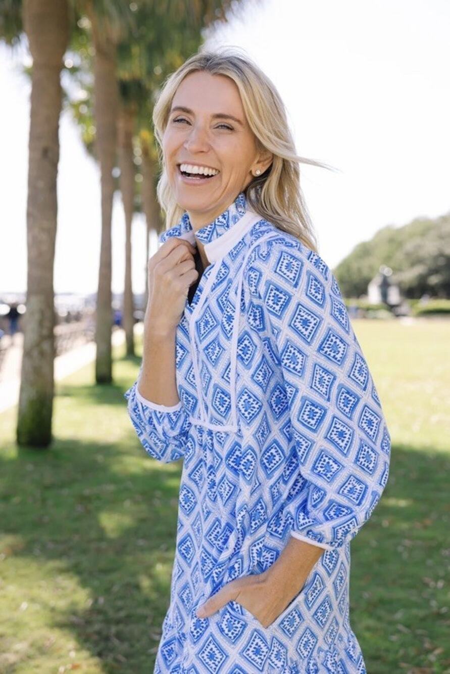 Duffield Lane KATIE DRESS BLUEBELL TRELLIS Signature Stretch Cotton XL NWT $239